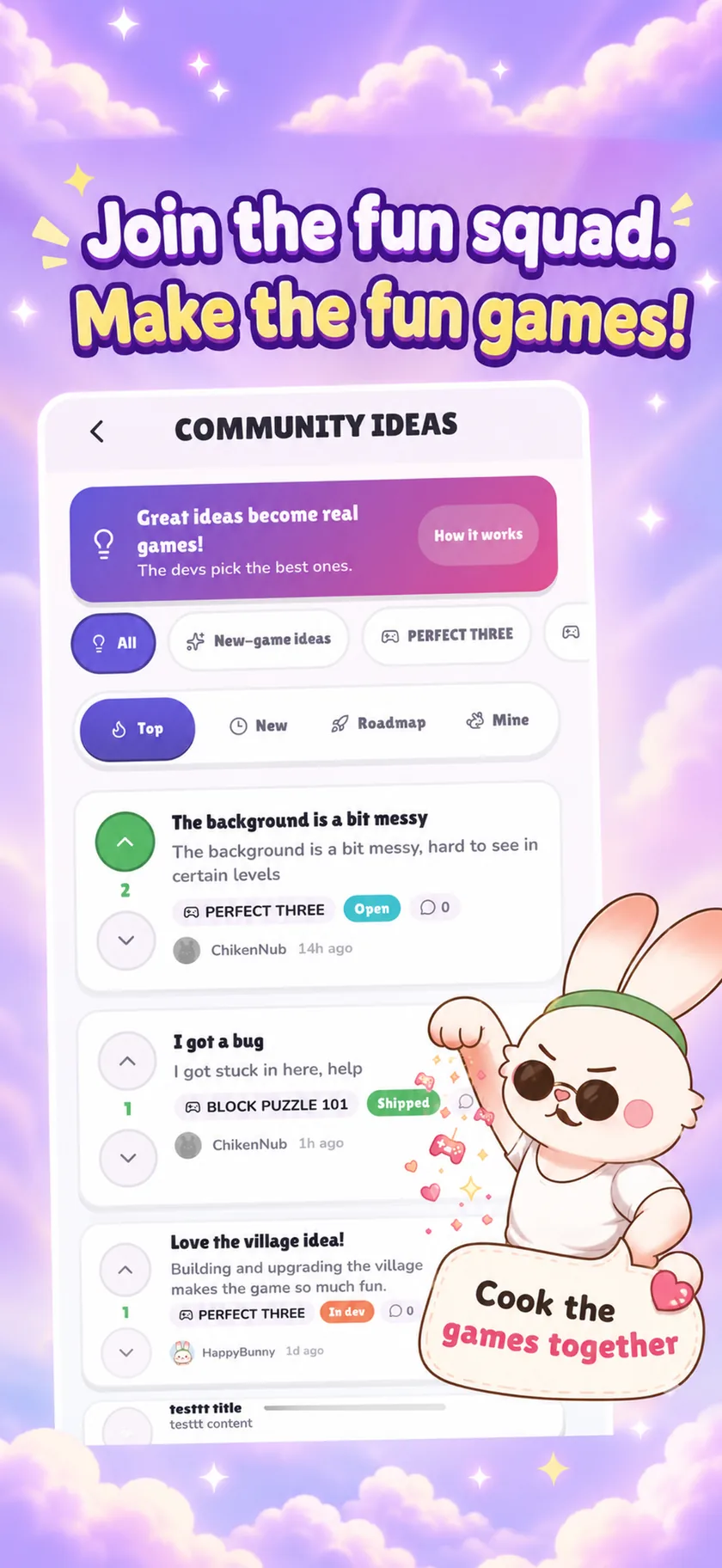 The Community Ideas board: players post ideas, upvote them and follow them from Open to In dev to Shipped