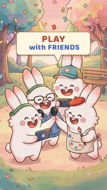 Four bunnies laughing together over one phone