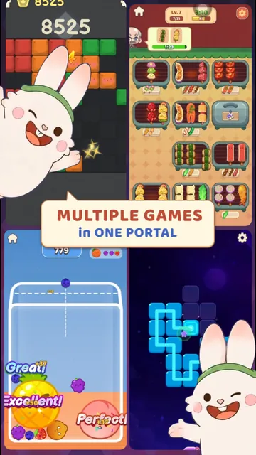 Four Nibble Verse games on one screen, with the bunny cheering
