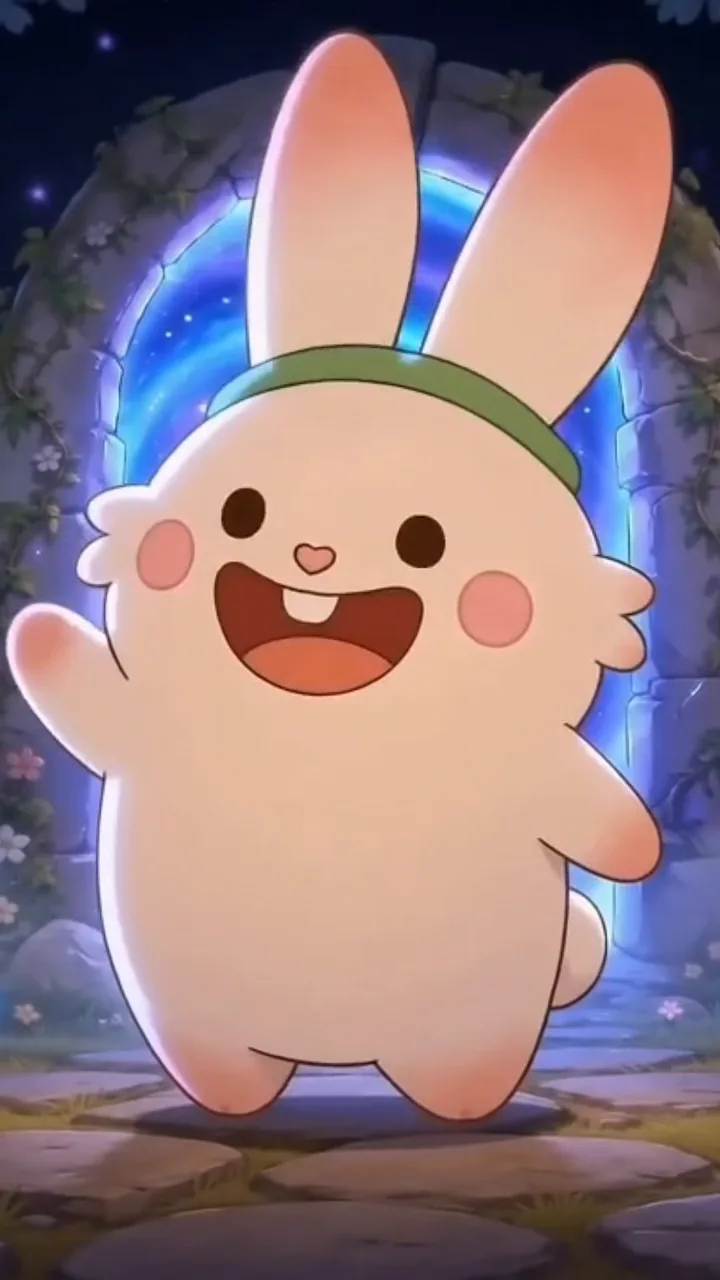 Trailer still: a bunny waves in front of a glowing portal